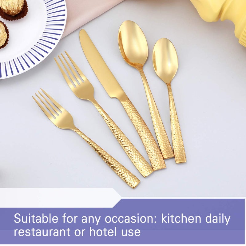 Kelenfer Silverware Set Flatware Set Gold Hammered Handle Cutlery Set Stainless Steel Shiny Mirror Polished Brass 20 Pieces Dishwasher Safe Service for 4 - Image 4